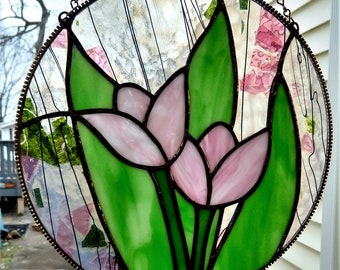 Round Stained Glass Tulip Panel, Tiffany Technique with Copper Patina