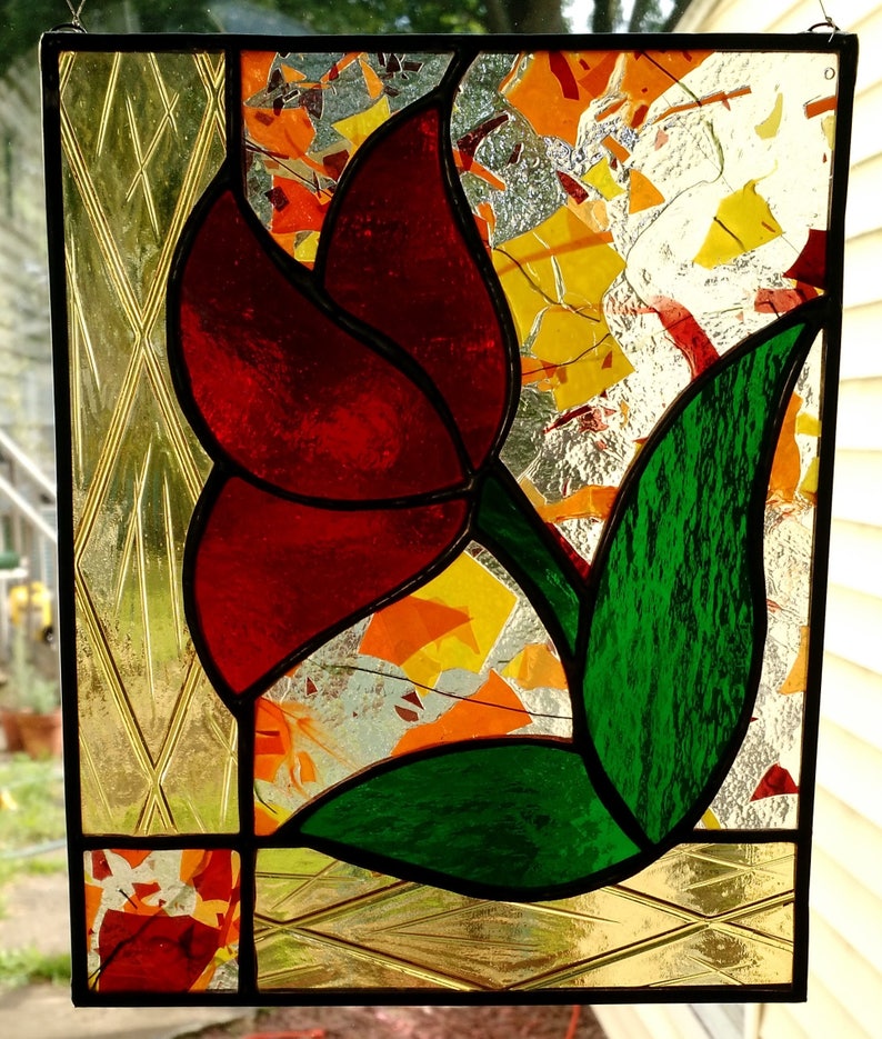 Stained Glass Tulip Panel Tiffany Technique With Black Patina Etsy