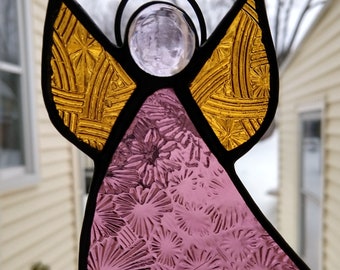 Purple Angel with Golden Amber Celtic Glass Textured Wings -  Stained Glass Suncatcher