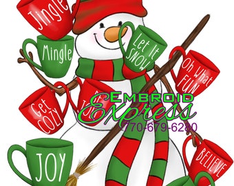 Snowman Cups Christmas Tea Towel, Holiday Kitchen Decor, Flour Sack Dish Towel