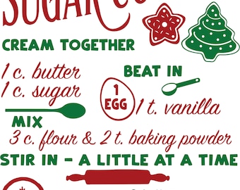 May include: A red and green printable recipe card for sugar cookies. The recipe includes instructions to cream together 1 cup of butter and 1 cup of sugar, beat in 1 egg and 1 teaspoon of vanilla, mix 3 cups of flour and 2 teaspoons of baking powder, and stir in a little at a time. The recipe also includes instructions to roll out the dough to 3/8 inch thick, cut out the cookies, and bake at 400 degrees Fahrenheit for 5-7 minutes on an ungreased pan.