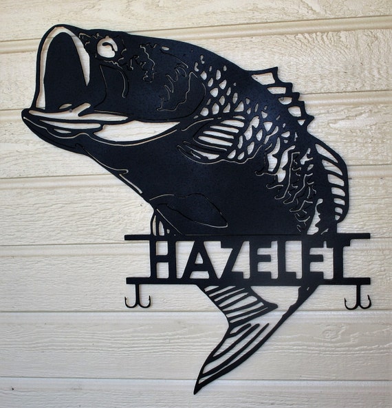 Large Mouth Bass Personalized Family Name Sign Cabin Man Cave Bar Fishing Sign Made IN USA Metal Wall Art Welcome Sign Steel Wall Art 23 in wide by 20.75 in tall Fishing