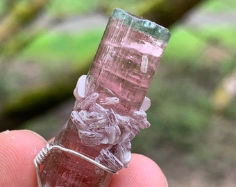 Large Bi Colored High Grade Deeply Colored Rubellite  Red Pink Tourmaline Terminated Crystal with Lepidolite Wire Wrapped Pendant