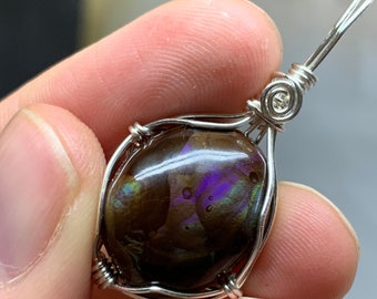 Flashy Purple Green Fire Agate (Chalcedony) Cabochon Pendant