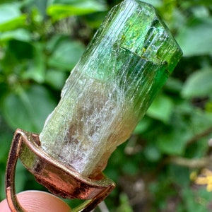 May include: A green and white crystal pendant with a gold setting. The crystal is a long, thin, and pointed shape with a striated surface.