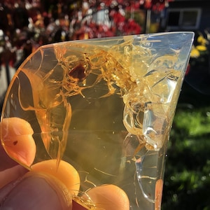 May include: A clear, amber-colored resin piece with embedded organic matter and three spherical, orange-toned inclusions. The resin is shaped in a geometric form, with visible internal fractures and a polished surface.