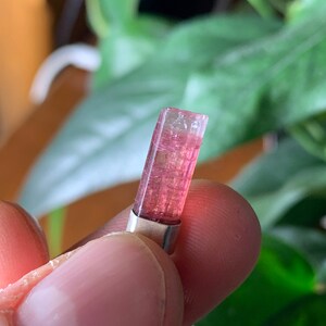 Op de afbeelding: Een kleine, langwerpige, doorschijnende roze toermalijn kristallen hanger met een helder, kleurloos bovengedeelte. De edelsteen is gezet in een eenvoudige, gladde, zilverkleurige metalen kap aan de basis, met een natuurlijke, prismatische en verticaal gestreepte textuur.