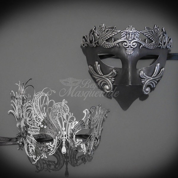 His & Hers Couples Masquerade Mask, Silver Filigree Metal Masquerade Masks for Couples, Masquerade Masks - Mardi Gras Masks