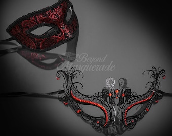 Black Red Couples Masquerade Mask, His & Hers Masquerade Mask, Filigree Metal Masquerade Mask, Mardi Gras Masks