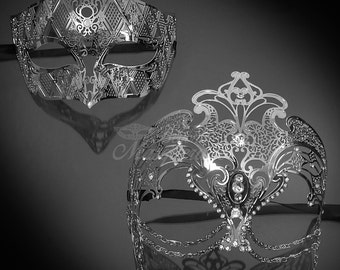 His & Hers Couples Masquerade Mask Set, Silver Metal Masquerade Masks for Couples, Masquerade Ball Mask, Halloween Costume Mask