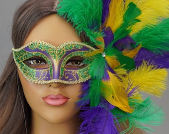 Feather Mardi Gras Masquerade Masks, Green Mask Large Feathers, Green Feather Mask, Feather Masquerade Ball Mask, Carnival Party Mask