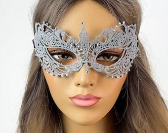 Lace Masquerade Mask, RHINESTONES, shades of grey, silver lace, lace masquerade mask, silver mask, silver lace mask w/ rhinestones