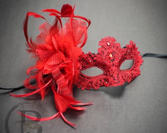 Royal Red Feather Masquerade Mask Women, Lace Mask, Lace Masquerade Mask, Mardi Gras Masks, Red Rhinestones, Lace Masquerade Mask [Red Gems]