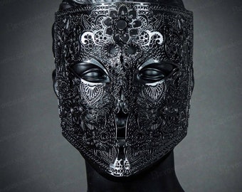 Máscaras de mascarada negras para máscara de baile de máscaras Máscara veneciana de encaje de metal Máscara facial completa Disfraz de Halloween Máscara de cosplay Máscara negra Bauta negra