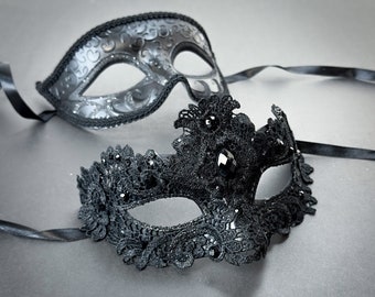 Máscara de mascarada de encaje negro, vestido del gran Gatsby, máscaras de mascarada para parejas, máscaras de los años 20 rugientes Máscara para él y para ella