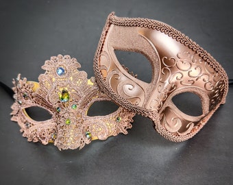 Rose Gold Couple's Masquerade Mask, Lace Masquerade Mask, Masquerade Ball Mask, Mask, Mardi Gras Mask, Masquerade Ball Mask Rose Gold