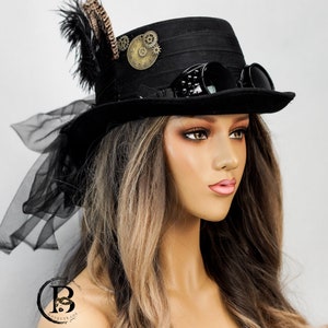 Chapeau haut de forme steampunk noir avec lunettes, chapeau avec voile, engrenages steampunk, accessoires steampunk, costume d'Halloween steampunk image 4