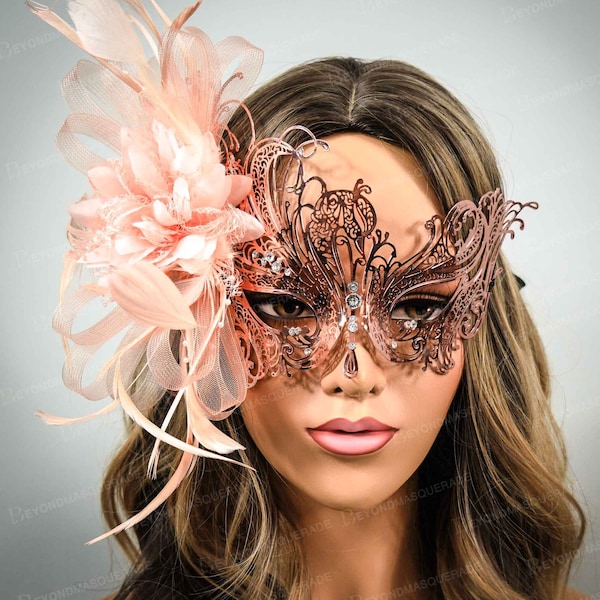 Rose Gold Masquerade Masker, Rose Gold Hoofdtooi Feather Masquerade Ball Maskers, Wedding Party Maskers Feather Fascinator Rose Gold Wedding