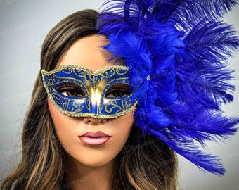 Feather Masquerade Mask, Womens Blue Mask with Feathers, Blue Feather Mask, Feather Masquerade Ball Mask, Wedding Mask, Brocade Lace Mask