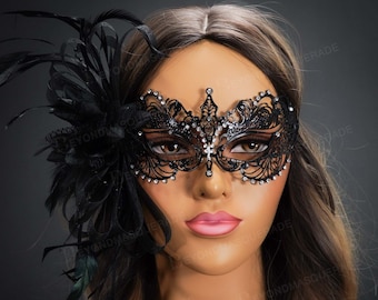 Masques de mascarade de luxe Plumes de masque de mascarade noire, Masques de bal de mascarade de plumes de coiffure de luxe, Bibi de plumes, Noir