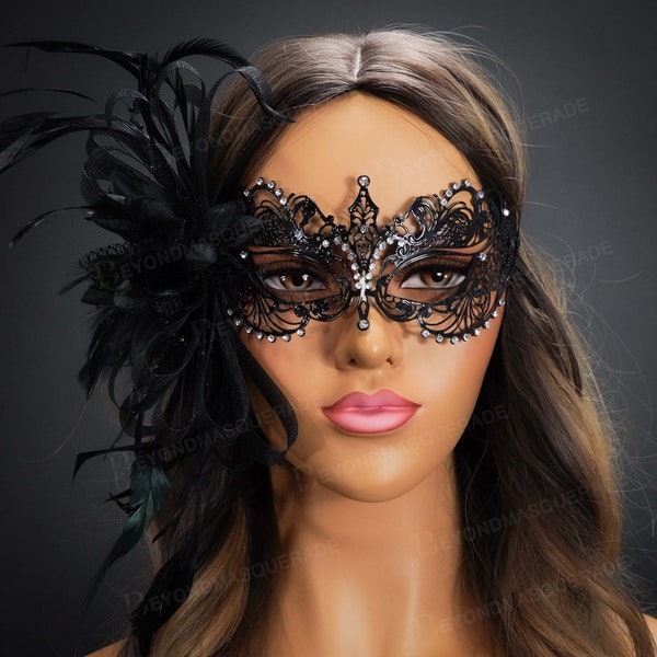 Luxury Masquerade Masks Black Masquerade Mask Feathers, Luxury Headdress Feather Masquerade Ball Masks, Feather Fascinator, Black