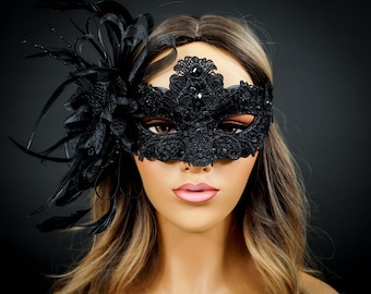 Lace Mask, Black Lace Masquerade Mask, Mask with Exquisite Black Rhinestones, Lace Masquerade Mask [Black on Black]