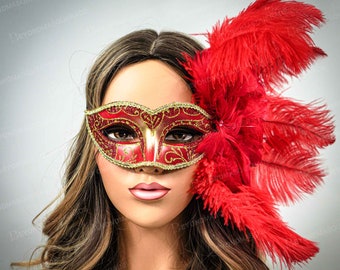 Feather Masquerade Masks, Womens Red Mask Large Feathers, Red Feather Mask, Feather Masquerade Ball Mask, Wedding Mask, Carnival Party Mask