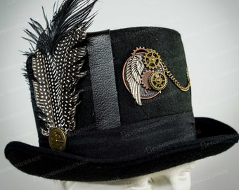 Steampunk black top hat with feathers and steampunk costume accessories Black hat Gold details