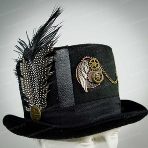 Steampunk black top hat with feathers and steampunk costume accessories Black hat Gold details