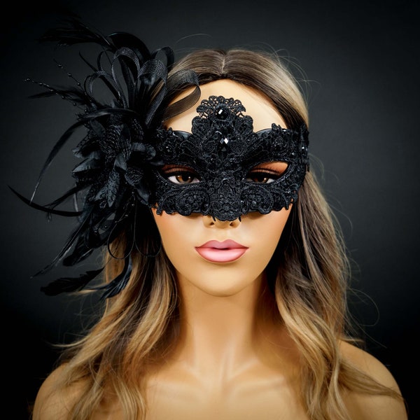 Lace Mask, Black Lace Masquerade Mask, Mask with Exquisite Black Rhinestones, Lace Masquerade Mask [Black on Black]