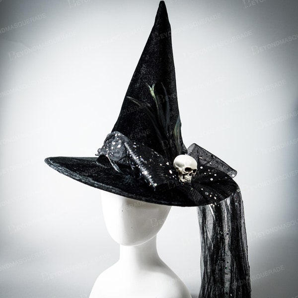 Witch Hat Black Tall Hat Halloween Decor Headpiece Witchcraft Costume Hats Cosplay Skull Bow Veil Cosplay Costume Headpiece Hat Feathers