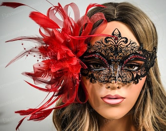Red Masquerade Masks, Red Feather Masquerade Mask, Halloween Masquerade Masks, Masquerade Ball Mardi Gras Party Masks, Red and Black Masks