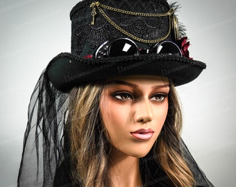 Steampunk Hat with Veil Black Tall Hat Halloween Decor Headpiece Steampunk Costume Hats Cosplay Veil Cosplay Costume Hat Feathers Red Roses