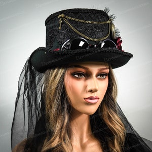 Steampunk Hat with Veil Black Tall Hat Halloween Decor Headpiece Steampunk Costume Hats Cosplay Veil Cosplay Costume Hat Feathers Red Roses