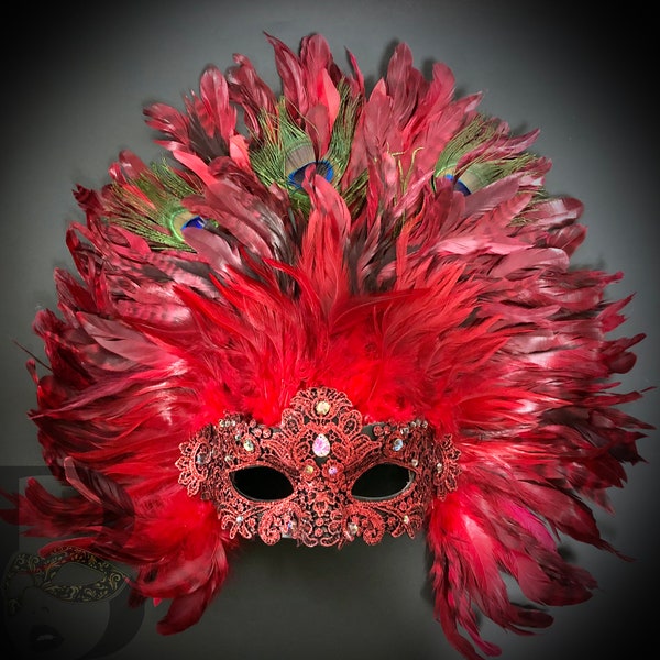 Red Mardi Gras Masquerade Masks Venice Carnival Feather Women Mask Masquerade Venetian Mardi Gras Costume Peacock Feathers Jubilee Masks