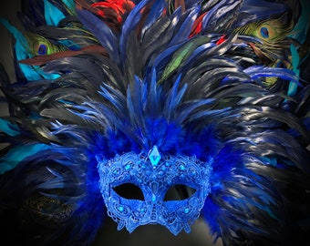 Masques de mascarade Carnaval de Venise Plumes Femme Mascarade Costume Vénitien Mardi Gras Masque de Fête Plumes Bleues Masques Jubilé Bleu Royal