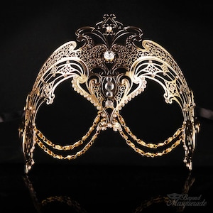 Masquerade Mask, Gold Majestic Mask, Goddess Masquerade Mask, Masquerade Ball Mask, Mask with Rhinestones and layered jewelry chains