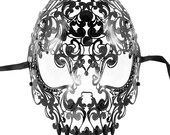 Black Masquerade Mask, Full Face Skull Mask, Day of the Dead Masquerade Mask, Sugar Skull Mask Black Rhinestones