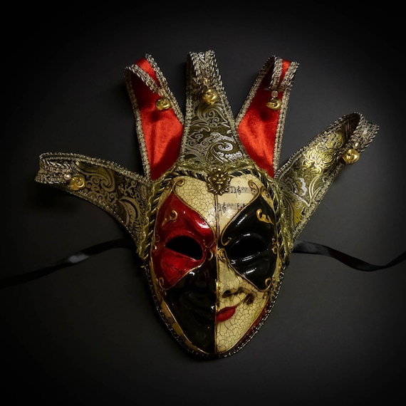 Jester Joker Venetian Masquerade Full Face Mask with Bells - Black