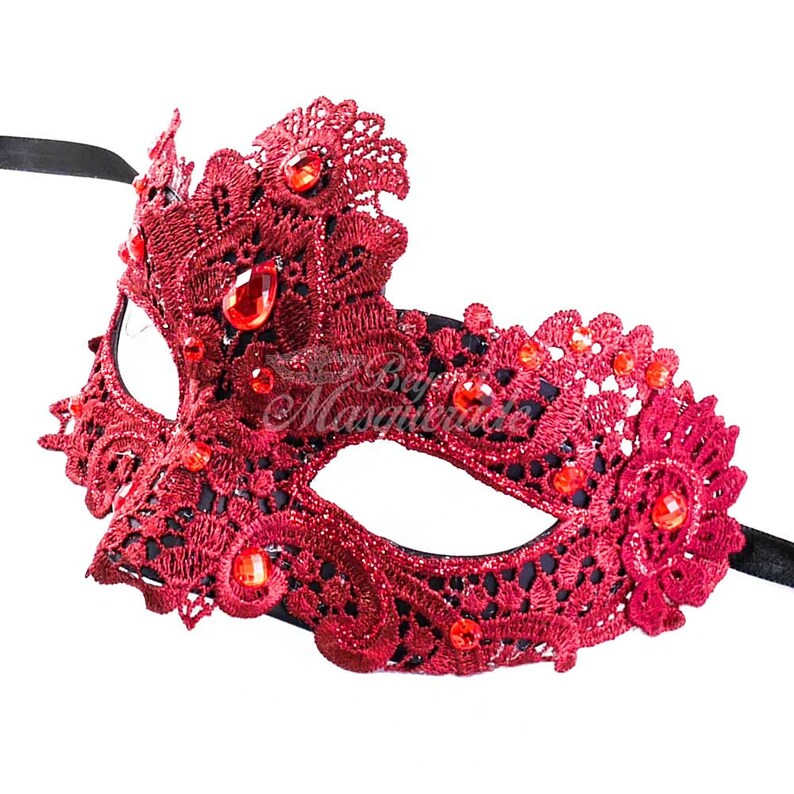 Red Lace Mask, Red Lace Masquerade Mask, Mask w/ Exquisite Red Rhinestones, Lace Masquerade Mask Red Gems image 5