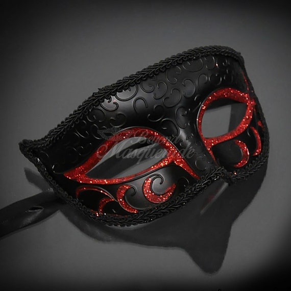Black Venetian Filigree Skull Masquerade Mask Halloween Masked Ball w/Red Stones 