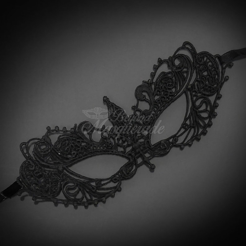 Black Lace Masquerade Mask Elegant, Minimalist Macrame Lace Mask Venetian Masquerade Mask Brocade Lace, Lace Mask for Masquerade Ball image 2