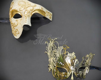 Gold His & Hers Phantom Masquerade Masks [Gold Themed] - Bestselling Gold Half Mask and Laser Cut Masquerade Mask with Diamonds