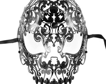 Black Masquerade Mask, Full Face Skull Mask, Day of the Dead Masquerade Mask, Sugar Skull Mask [Black Rhinestones]