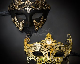 New! Couples Masquerade Masks, His & Hers Masquerade Masks - Bestselling Gold Roman Mask and Laser Cut Masquerade Mask with Diamonds