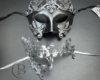 Couple's Masquerade Masks [Silver Themed] - Bestselling Halloween Half Mask and Laser Cut Masquerade Mask