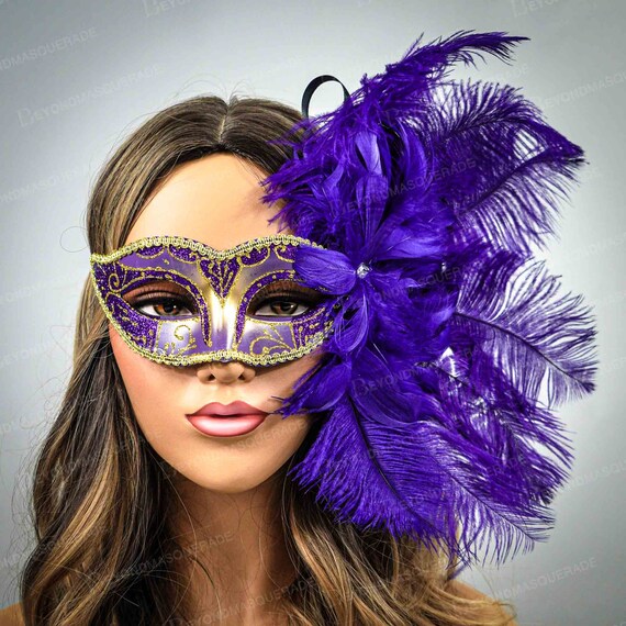 Halloween Masquerade Masks, Purple Mask, Large Feathers, Big.