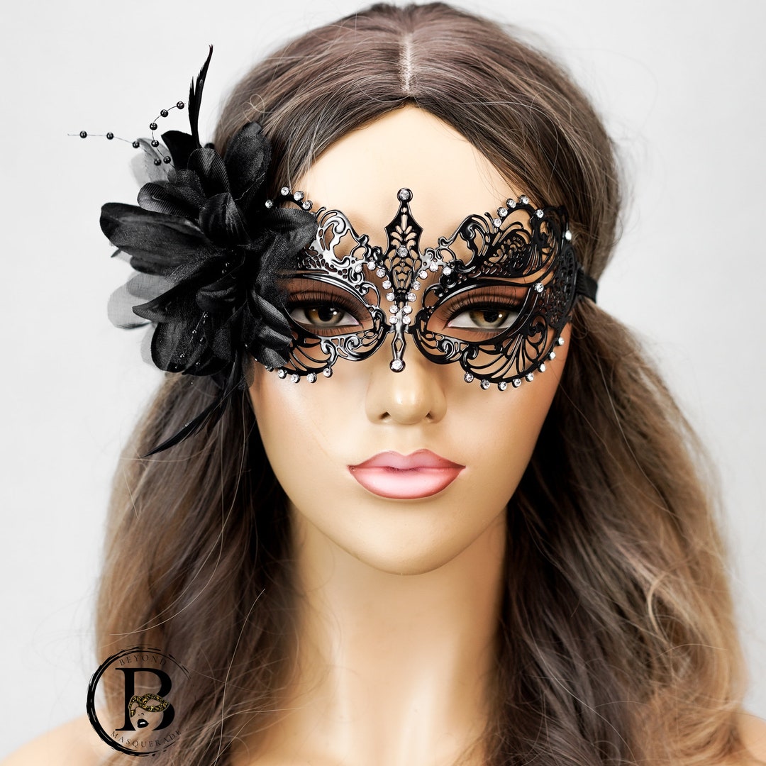 Black Feather Masquerade Mask Black Halloween Party Etsy