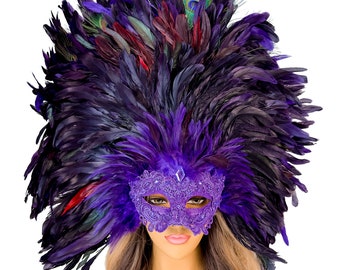 Purple Feather Masquerade Mask Venetian Carnival Masquerade Mask Baroque Venetian Masquerade Ball Masks Halloween Costume Mask Large Feather