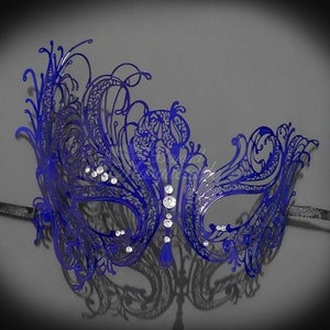 Masquerade mask for women, Navy Blue Laser Cut Venetian Mardi Gras Masquerade Mask with Sparkling Rhinestones